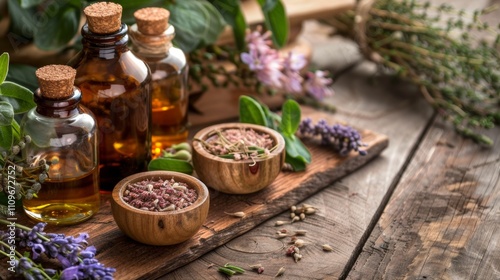 Natural essential oils and dried herbs on a rustic table