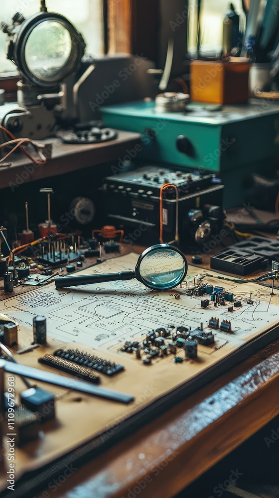 Close-up View of a Workbench in a Vintage Electronics Workshop with Circuit Boards, Tools, and a Magnifying Glass for Detailed Inspection Close-up View of a Workbench in a Vintage Electronics Workshop with Circuit Boards, Tools, and a Magnifying Glass for Detailed Inspection