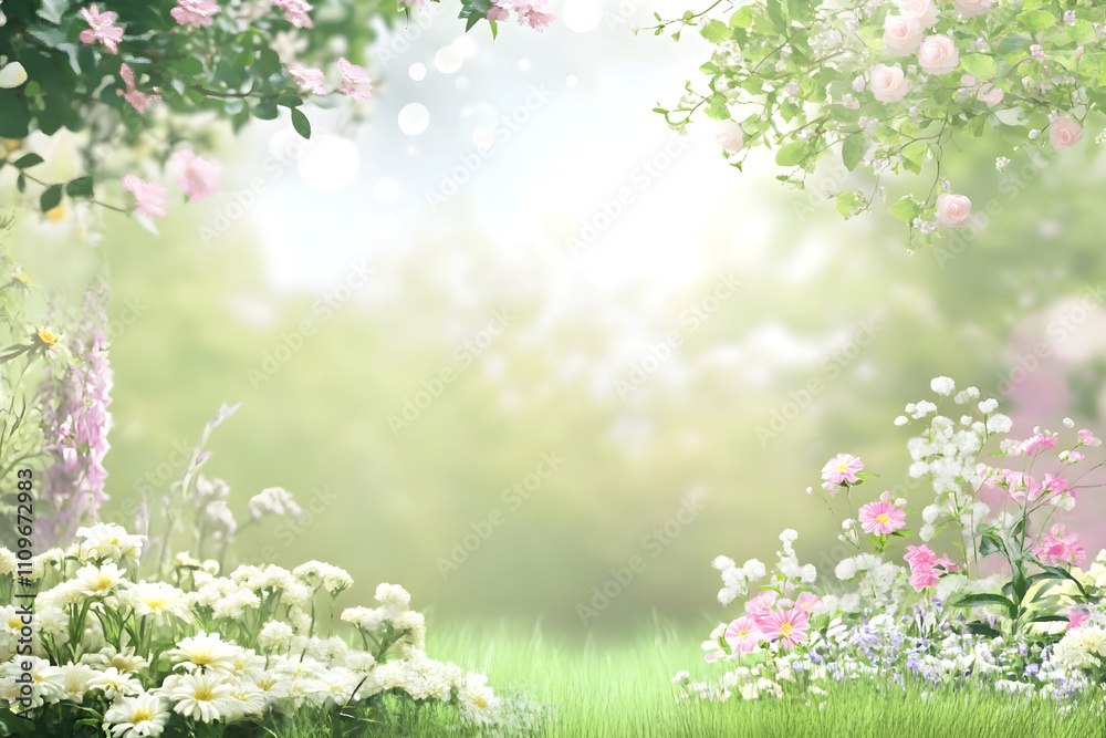 Sunny garden scene with blooming white daisies, pink flowers, and lush greenery, creating a dreamy, tranquil atmosphere perfect for spring Sunny garden scene with blooming white daisies, pink flowers, and lush greenery, creating a dreamy, tranquil atmosphere perfect for spring