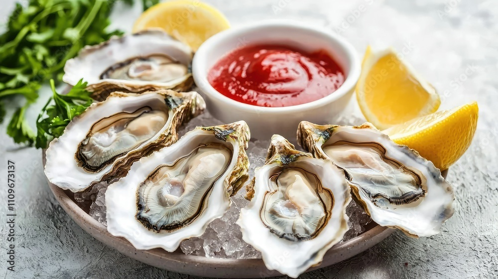 Freshly Shucked Oysters Served on Ice with Lemon Wedges and Tangy Cocktail Sauce for a Seafood Feast Experience Freshly Shucked Oysters Served on Ice with Lemon Wedges and Tangy Cocktail Sauce for a Seafood Feast Experience