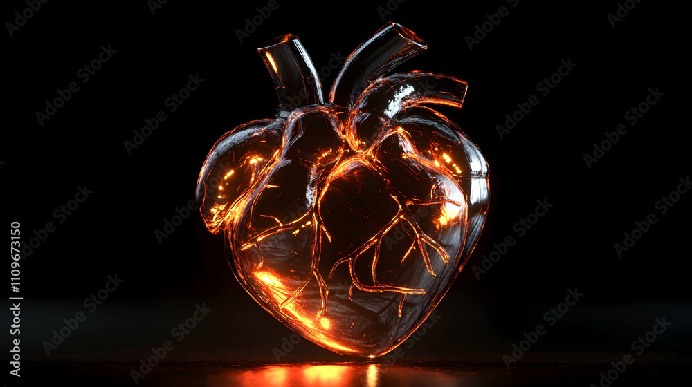 Transparent heart illuminated by fiery orange and red circuits, symbolizing medical innovation. Transparent heart illuminated by fiery orange and red circuits, symbolizing medical innovation.