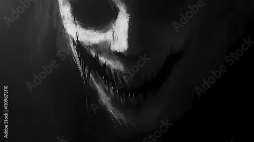 Sinister grin in shadowy darkness, eerie smiling face obscured by shadows, creepy smile in low light, haunting smile emerging from darkness, unsettling face in black and white. Obscure. Illustration