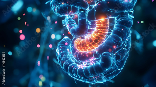 Futuristic intestinal system glowing with vibrant orange and blue light, symbolizing medical advancement.