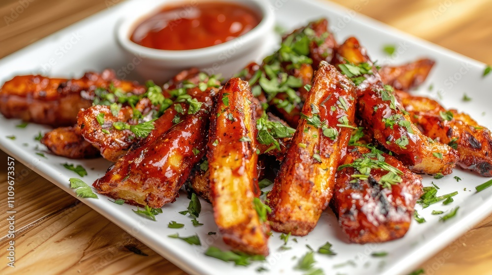 Crispy and Flavorful Restaurant-Style Sweet Potato Fries Garnished with Fresh Herbs and Accompanied by Tangy Dipping Sauce on a Wooden Table Crispy and Flavorful Restaurant-Style Sweet Potato Fries Garnished with Fresh Herbs and Accompanied by Tangy Dipping Sauce on a Wooden Table