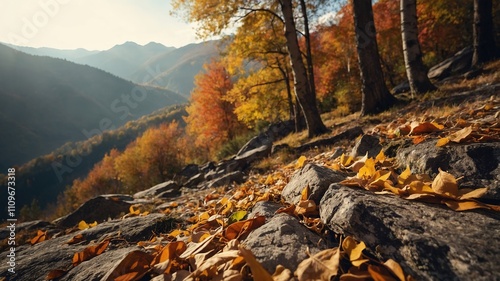 Paisaje sereno de otoño con rocas, montañas y cielo parcialmente nublado. Hojas caídas de color naranja y amarillo