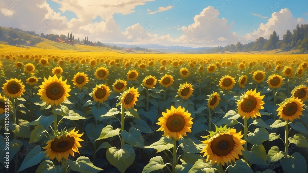 Fototapeta premium Field with sunflowers at sunny summer day. Illustration
