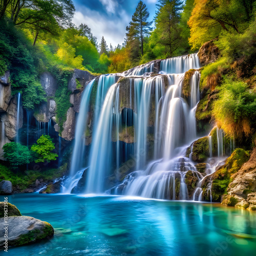 waterfall on mountain river with blue water