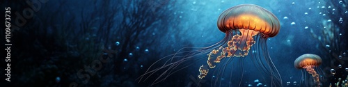 A serene underwater scene featuring glowing jellyfish gracefully floating in deep blue waters, perfect for cover banner or header
