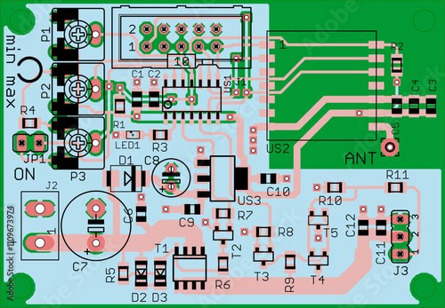 Vector printed circuit board of electronic device with components of radio elements, conductors and contact pads placed on pcb. Engineering technical educational drawing. Computer technic cad design.