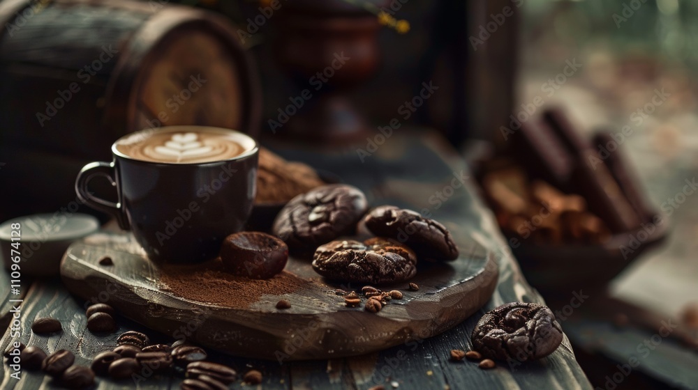 Cozy coffee setting with chocolate cookies and latte art Cozy coffee setting with chocolate cookies and latte art