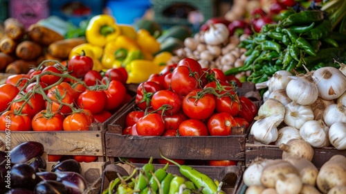 Market stand with fresh vegetables including tomatoes and peppers photo