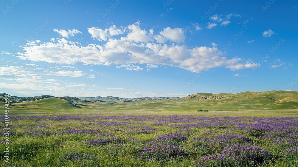 Expansive Landscape of Purple Wildflowers Under a Bright Blue Sky with Rolling Hills and Fluffy Clouds in a Serene Natural Environment Expansive Landscape of Purple Wildflowers Under a Bright Blue Sky with Rolling Hills and Fluffy Clouds in a Serene Natural Environment