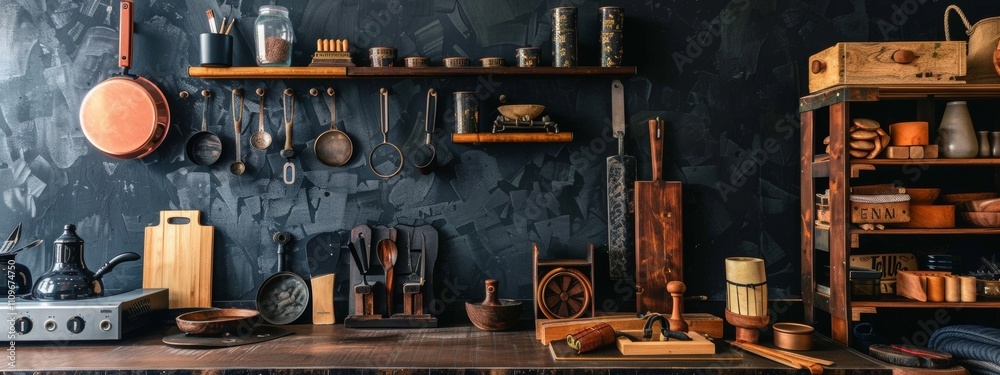 Rustic kitchen tools and utensils displayed against a dark wall Rustic kitchen tools and utensils displayed against a dark wall
