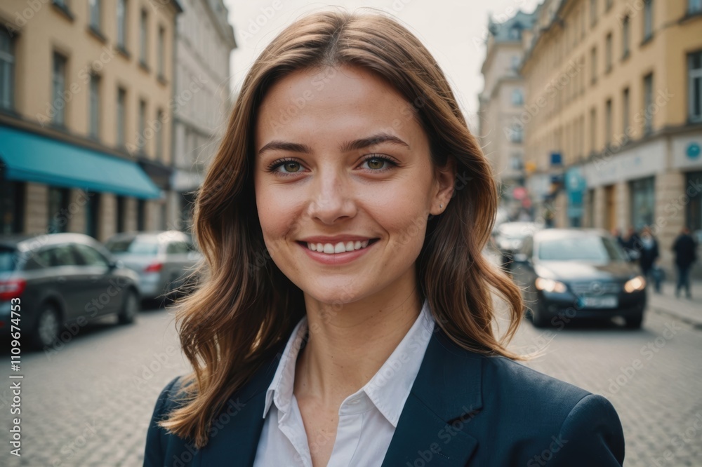 Fototapeta premium Close portrait of a smiling young Ukrainian businesswoman looking at the camera, Ukrainian big city outdoors blurred background