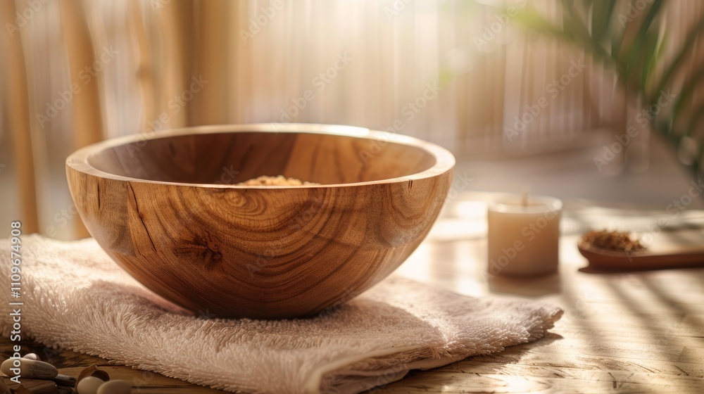 Rustic wooden bowl with spa essentials in natural lighting Rustic wooden bowl with spa essentials in natural lighting