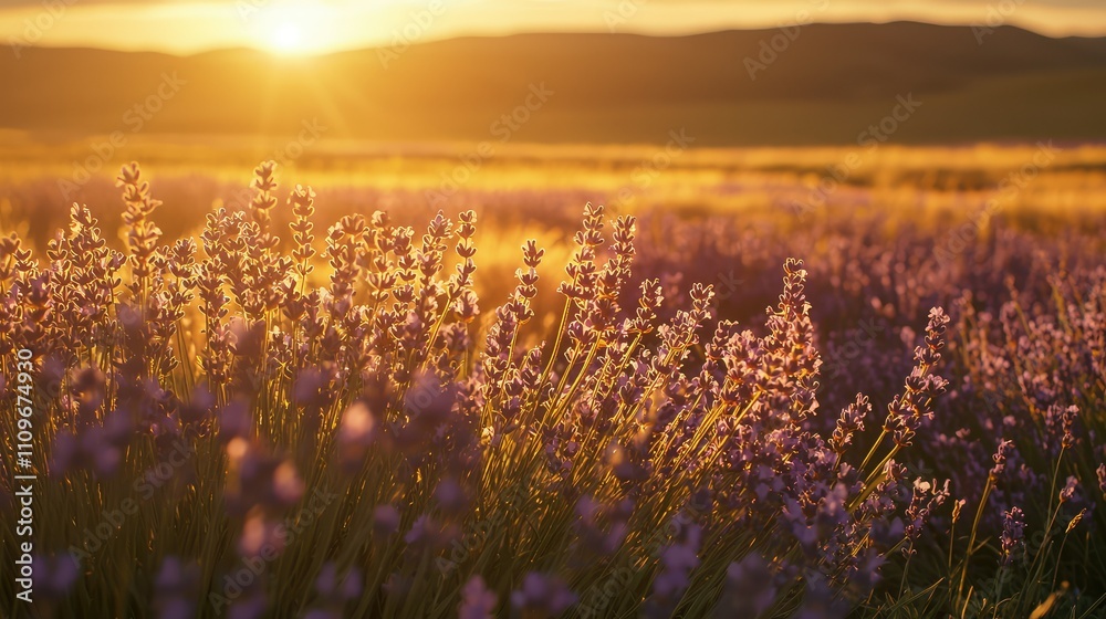 Naklejka premium Gorgeous Lavender Field Under a Golden Sunset, Capturing the Essence of Natural Beauty and Tranquility in a Serene Landscape