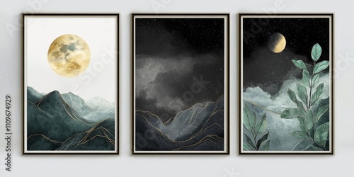 This triptych showcases serene mountain landscapes enhanced by enchanting moons and lush vegetation, creating a tranquil atmosphere perfect for elevating any interior space with elegance