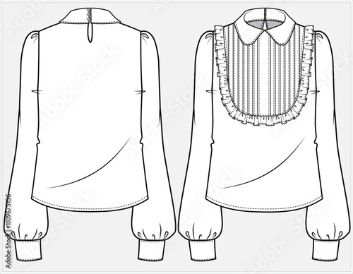 LONG SLEEVES FORMAL CORPORATE WEAR SHIRT WITH FRILL PETER PAN COLLAR DESIGNED FOR WOMEN IN VECTOR FILE