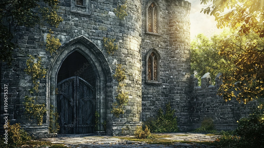 Majestic Gothic Castle Surrounded by Lush Greenery and Sunlight, Capturing an Enchanting Medieval Atmosphere in a Serene Landscape Majestic Gothic Castle Surrounded by Lush Greenery and Sunlight, Capturing an Enchanting Medieval Atmosphere in a Serene Landscape