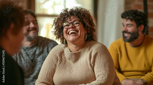 Happy Woman Laughing with Friends Casual Indoor Gathering Friendship Joyful Moments