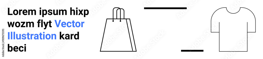 Shopping bag next to minimal text in blue and black. Simple t-shirt outline on the right with two horizontal lines. Ideal for online shopping, retail, e-commerce, fashion, minimal design, website