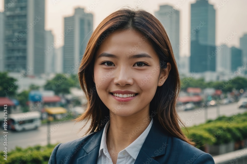 Close portrait of a smiling young Vietnamese businesswoman looking at the camera, Vietnamese big city outdoors blurred background Close portrait of a smiling young Vietnamese businesswoman looking at the camera, Vietnamese big city outdoors blurred background