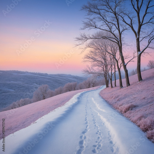 Snowy Hillside at Sunset: A Quiet Path in a Winter Wonderland photo
