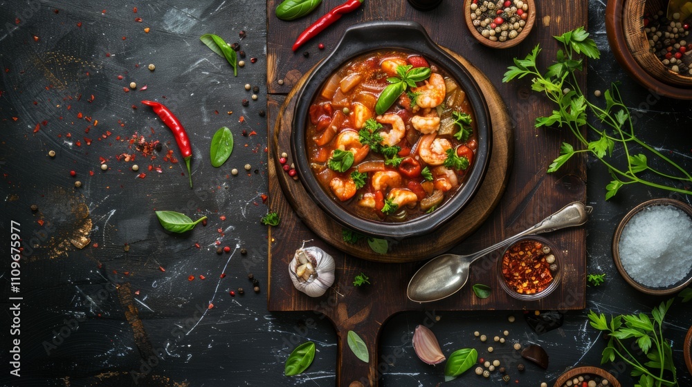 Rustic shrimp stew with vegetables and spices