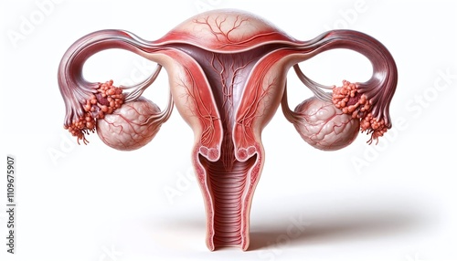 Detailed anatomical illustration of the human female reproductive system with focus on uterus and ovaries.