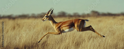 gazelle mid leap through savanna, its slender form in motion.