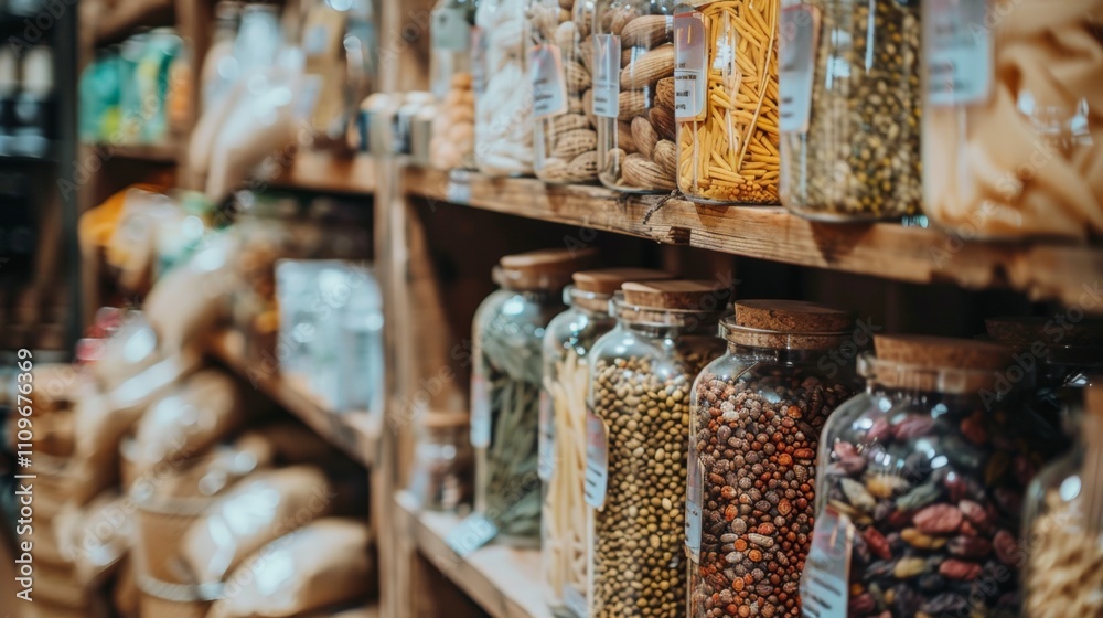Bulk organic food items in glass jars on wooden shelves Bulk organic food items in glass jars on wooden shelves