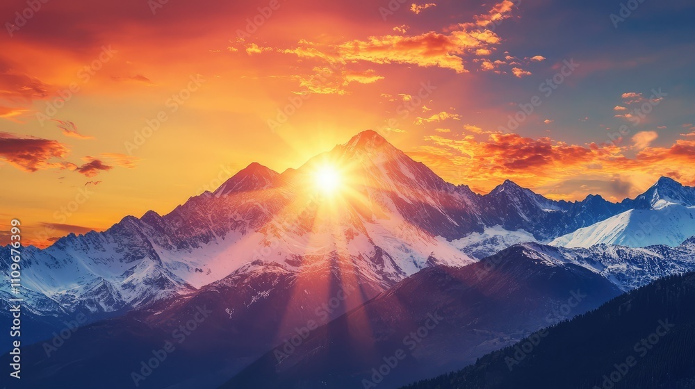 Majestic Mountain Range at Sunset with Vibrant Colors and Sun Rays Illuminating the Peaks Under a Dramatic Sky Surrounded by Clouds and Shadows Majestic Mountain Range at Sunset with Vibrant Colors and Sun Rays Illuminating the Peaks Under a Dramatic Sky Surrounded by Clouds and Shadows