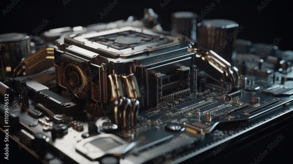 Close-up of a Futuristic Motherboard with Detailed Components Close-up of a Futuristic Motherboard with Detailed Components