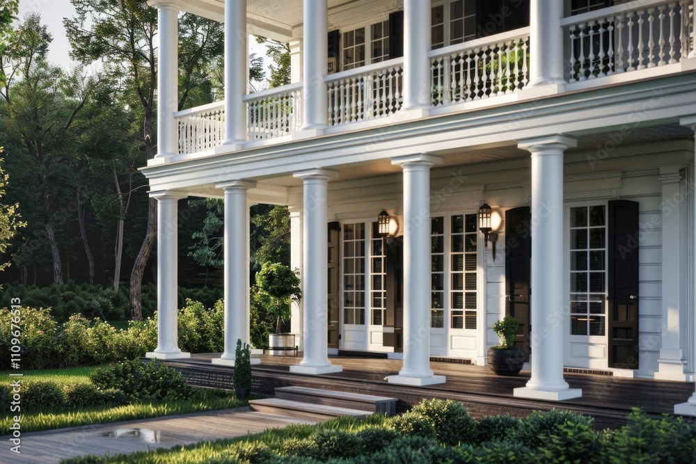 Fototapeta premium Traditional American colonial house with front porch and garden.
