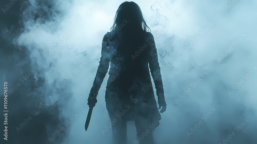 Obraz premium Mysterious figure holding a knife in a foggy atmosphere, evoking a sense of suspense and danger. perfect for thriller or horror themes. Obscure. Illustration
