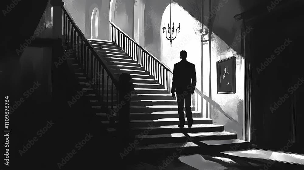 Mystery man walking down dimly lit staircase with shadowy atmosphere in monochrome. Obscure. Illustration Mystery man walking down dimly lit staircase with shadowy atmosphere in monochrome. Obscure. Illustration
