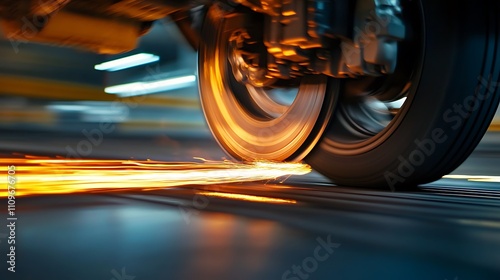 Close-up of a motorcycle wheel spinning, leaving a fiery trail on the ground. photo