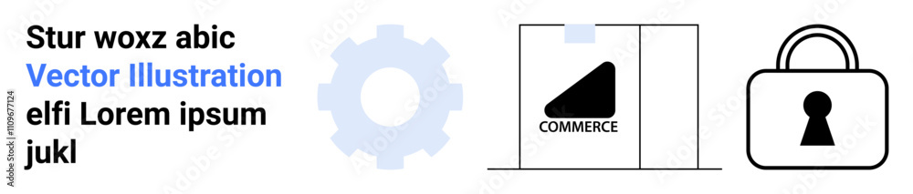 Gear symbol, commerce package with COMMERCE text, and padlock icon under placeholder text. Ideal for e-commerce, security, packaging, logistics, management shipping retail. Landing page Gear symbol, commerce package with COMMERCE text, and padlock icon under placeholder text. Ideal for e-commerce, security, packaging, logistics, management shipping retail. Landing page