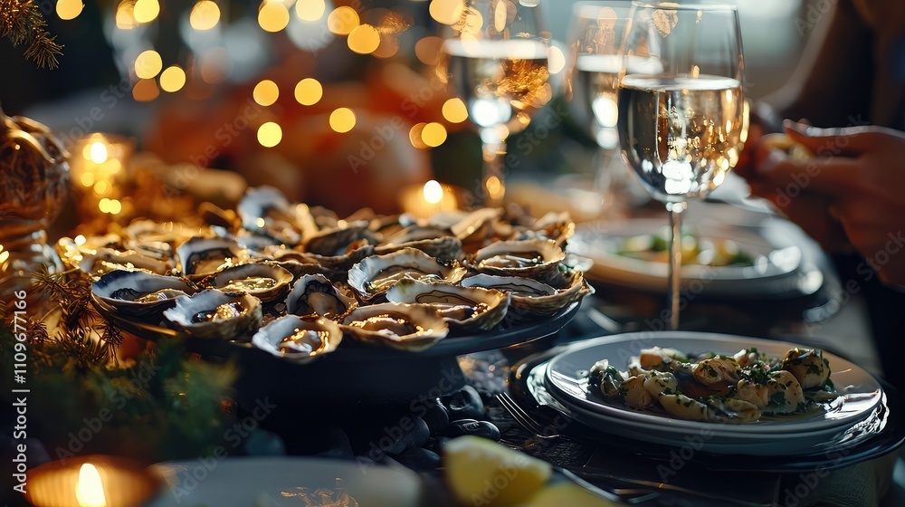 Elegant Holiday Feast Featuring Fresh Oysters and Fine Dining Decor with Sparkling Bokeh Lights and Festive Atmosphere for Celebratory Occasions Elegant Holiday Feast Featuring Fresh Oysters and Fine Dining Decor with Sparkling Bokeh Lights and Festive Atmosphere for Celebratory Occasions