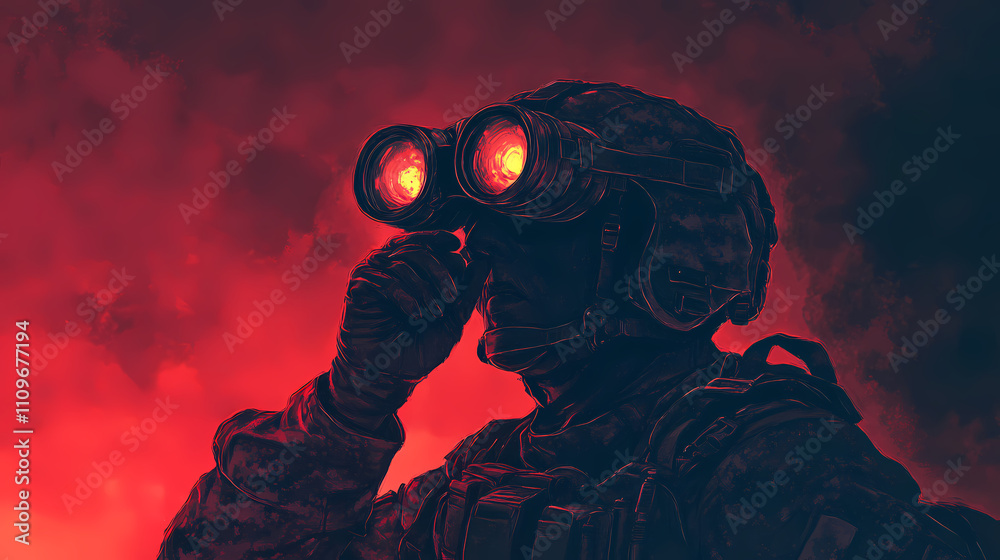 Night goggles reveal the heat signatures of hidden enemies, turning the darkness into an ally of the watchful soldier. Obscure. Illustration Night goggles reveal the heat signatures of hidden enemies, turning the darkness into an ally of the watchful soldier. Obscure. Illustration
