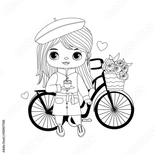 Coloring book for girl. Coloring page for kids, child, adults. Cute girl with bike, I love travel, coffee. Vector illustration isolated on white background. Drawing. Outline. Drawing activity. 