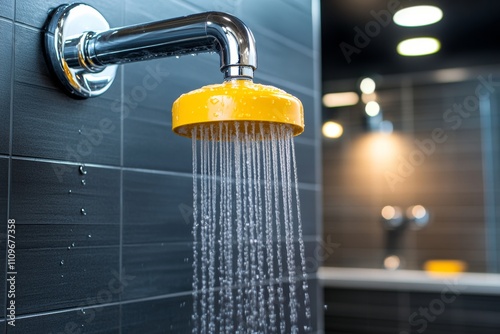  Cabezal de ducha amarillo con agua fluyendo en un baño moderno con azulejos oscuros.
