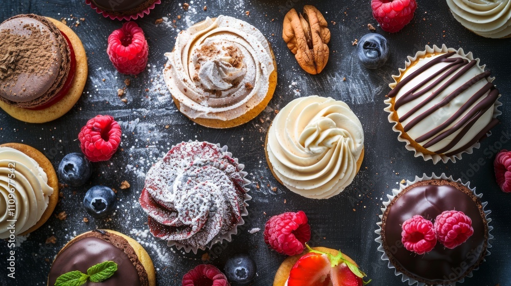 Assorted cupcakes with fresh berries and chocolate toppings Assorted cupcakes with fresh berries and chocolate toppings