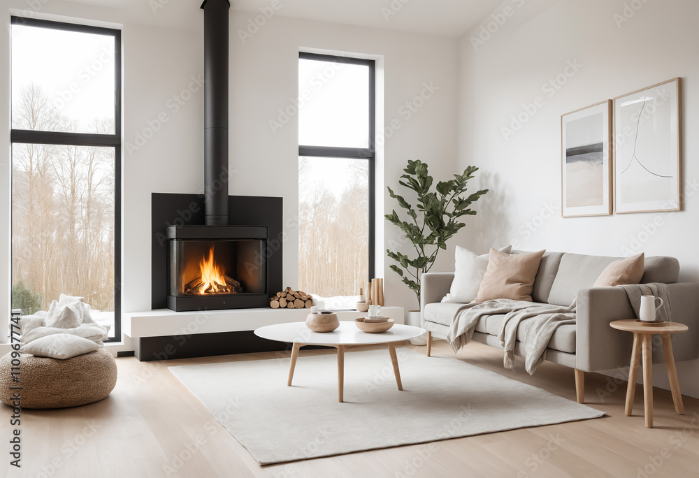 Fototapeta premium Modern living room with elegant fireplace, natural accents and minimalist design, inspired by warm tones and natural light from panoramic windows. AI generated