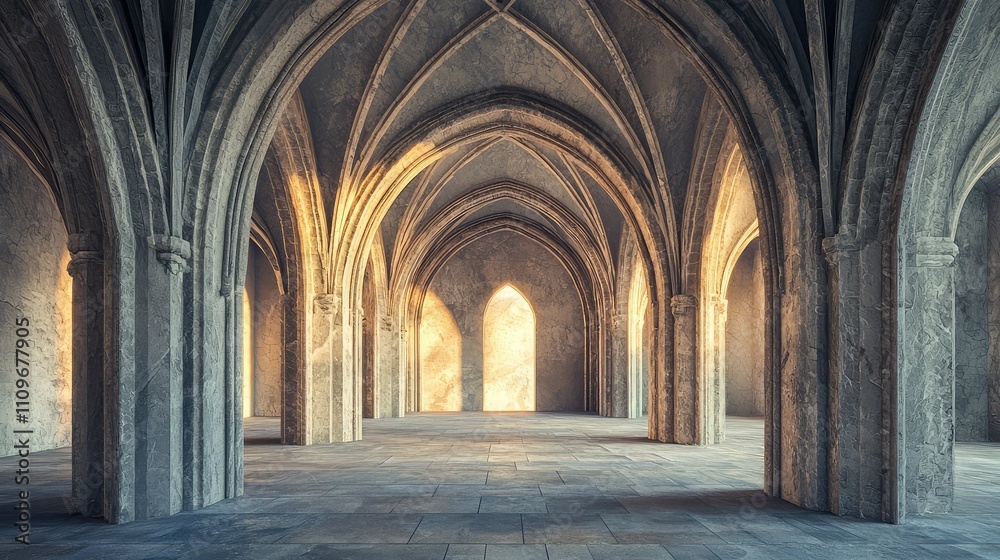Stunning Architectural Interior of a Gothic Style Hall with Arched Ceilings and Soft Light Illuminating Stone Walls and Flooring for Artistic and Historical Projects Stunning Architectural Interior of a Gothic Style Hall with Arched Ceilings and Soft Light Illuminating Stone Walls and Flooring for Artistic and Historical Projects