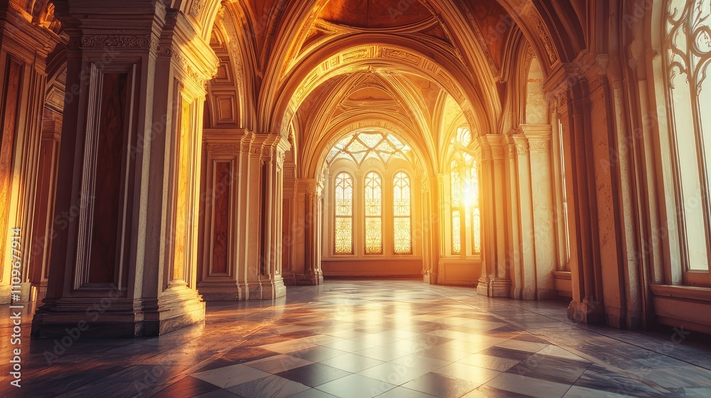 Serene Gothic Hallway with Sunlight Streaming Through Arched Windows, Capturing the Essence of Architectural Splendor and Vintage Elegance in Warm Tones Serene Gothic Hallway with Sunlight Streaming Through Arched Windows, Capturing the Essence of Architectural Splendor and Vintage Elegance in Warm Tones