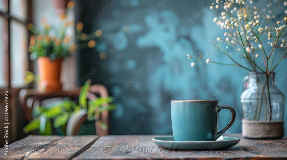 Cozy coffee cup in a rustic home setting Cozy coffee cup in a rustic home setting