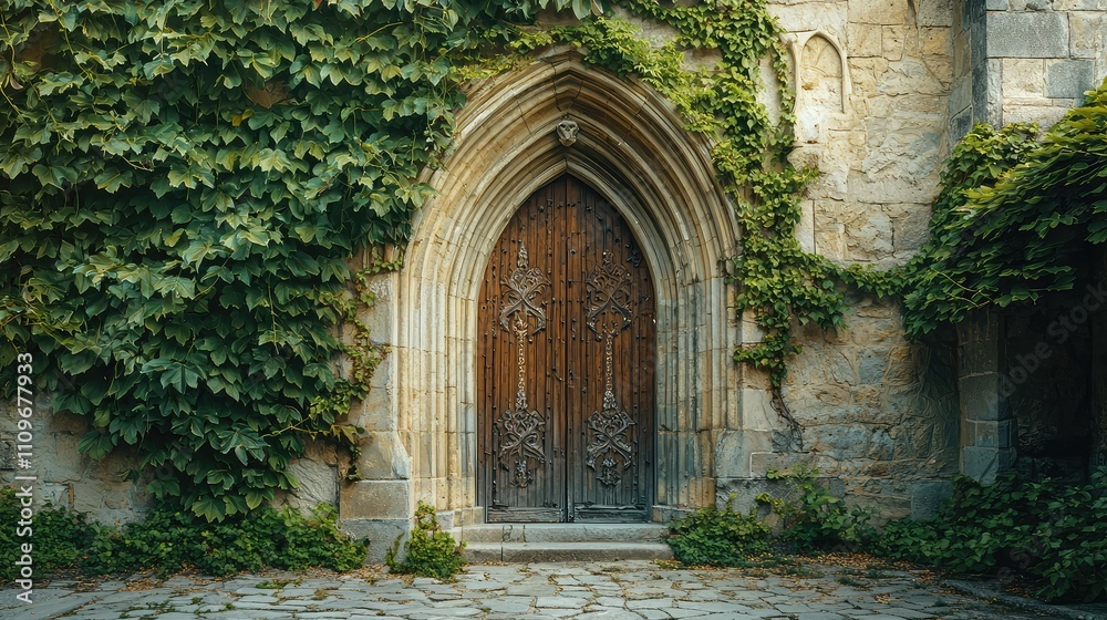 Majestic Ancient Wooden Door Surrounded by Vibrant Green Ivy on a Rustic Stone Wall, Evoking a Sense of History and Mystery in an Enchanted Environment Majestic Ancient Wooden Door Surrounded by Vibrant Green Ivy on a Rustic Stone Wall, Evoking a Sense of History and Mystery in an Enchanted Environment