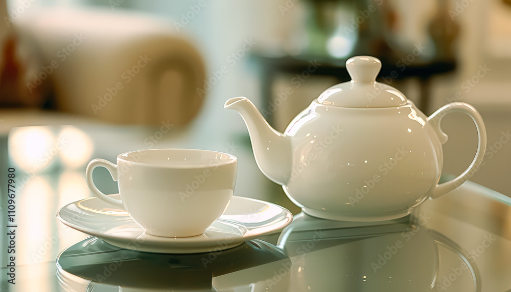 White tea set is on a glass table with a vase of flowers in the background. The tea set includes a teapot, a cup, and a saucer. The flowers add a touch of elegance and freshness to the scene White tea set is on a glass table with a vase of flowers in the background. The tea set includes a teapot, a cup, and a saucer. The flowers add a touch of elegance and freshness to the scene