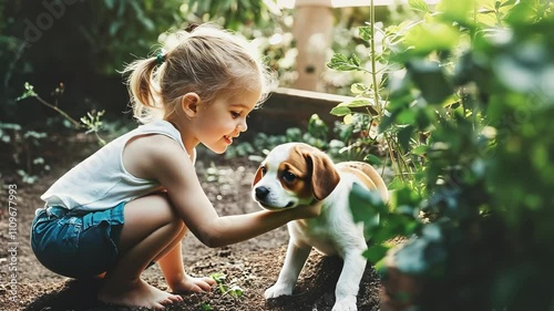 Adorable Girl Interacting with a Puppy in a Garden